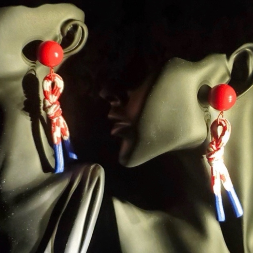 Patriotic Red Knot Drop Earrings with Blue Tassels
